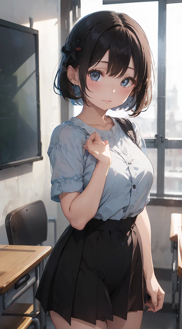 One Woman、classroom、beautiful girl、、、Year: 18、Bob Cut Hair, Highest quality, Body Type、Light blue panties、Light blue panties、bra、Large breasts 、Bobbed hair、Black Hair,Cowboy Shot、Ultra high definition painting、Light blue panties