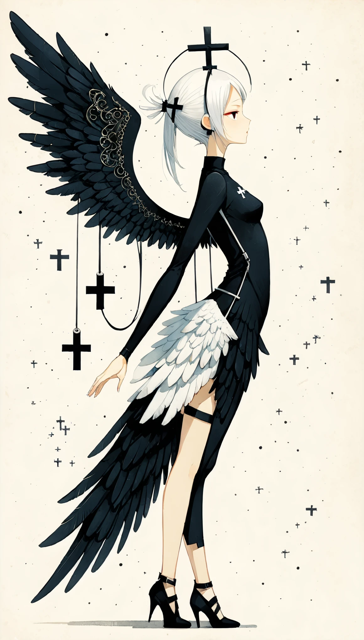 in style of Santiago Caruso,in style of Dan Matutina,(in style of Mike Azevedo:1.4),
1girl,(bikkii:1.3),(withe and black cross angel:1.4),(cross-body stretch:1.2),
(black wing and white wing:1.4),
