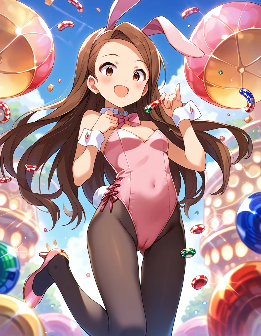 score_9, score_8_superior, score_7_superior, sauce_anime, One girl, alone, whole body, From below, One girl,alone,Glowing Skin,,Are standing,cute, whole body,score_9, score_8_superior, score_7_superior, ブレークsauce_anime, CG, ,Dark brown hair, Pink rabbit ears, blush, Open your mouth, smile, Detachable white collar, Pink bow tie, clavicle:1.2, Exposing shoulders:1.8, Slight cleavage, Bust 77cm, Height: 153cm, Pink strapless leotard:1.9, Pink Playboy Bunny, White wrist cuffs, High leg:1.8, Thong:1.3, White rabbit tail, She wears black pantyhose under her leotard:1.9, Pink pin heels, View your viewers, casino, camel toe:0.9