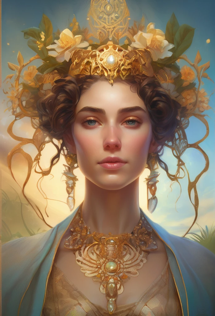 portrait of etheral goddess, intricate, elegant, highly detailed, digital painting, artstation, concept art, smooth, sharp focus, illustration, art by artgerm and greg rutkowski and alphonse mucha and william - adolphe bouguereau and stephanie law , epic royal background, big royal uncropped crown, royal jewelry, robotic, nature, full shot, symmetrical, Greg Rutkowski, Charlie Bowater, Beeple, Unreal 5, hyperrealistic, dynamic lighting, fantasy art