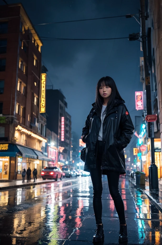 One girl, City of night, rain, coat, Put your hands in your pockets
