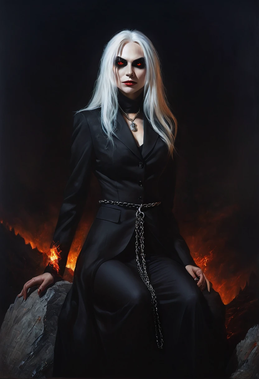 painting of a demonic beautiful devil woman,dressed in a black business suit, long white hair, sinister grin, glowing eyes, full-length against the backdrop of hell, powerfully and depravedly sitting on a black stone on a hill, holding chains in his hands, dynamic pose, are deep shadows, soft lighting, dark atmosphere, cinematic scene, volumetric lights, ultra realistic, in the style of nicola samori