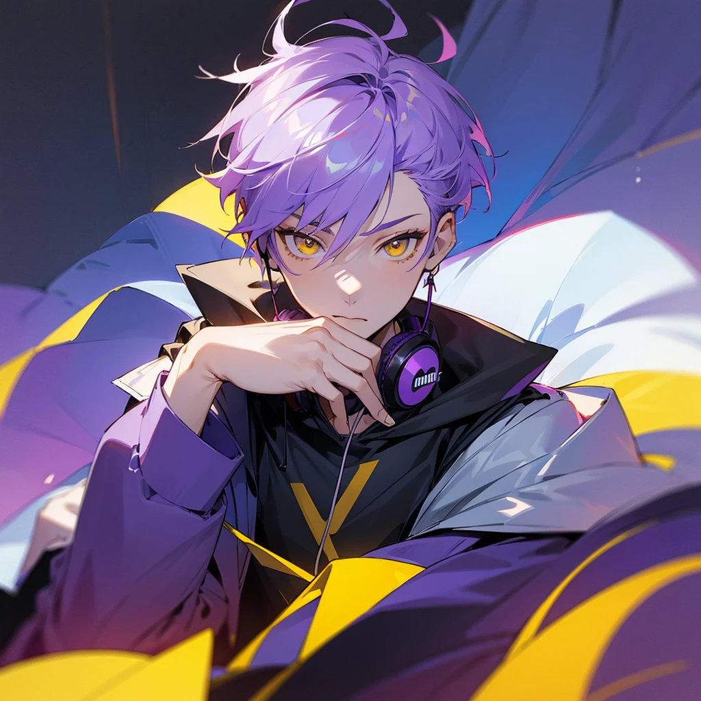 man, put on a jacket , sitting , Purple hair, short hair , White skin, yellow eyes , Chilling face , Put on headphones , The background is a boy's style bedroom , Anime visual style