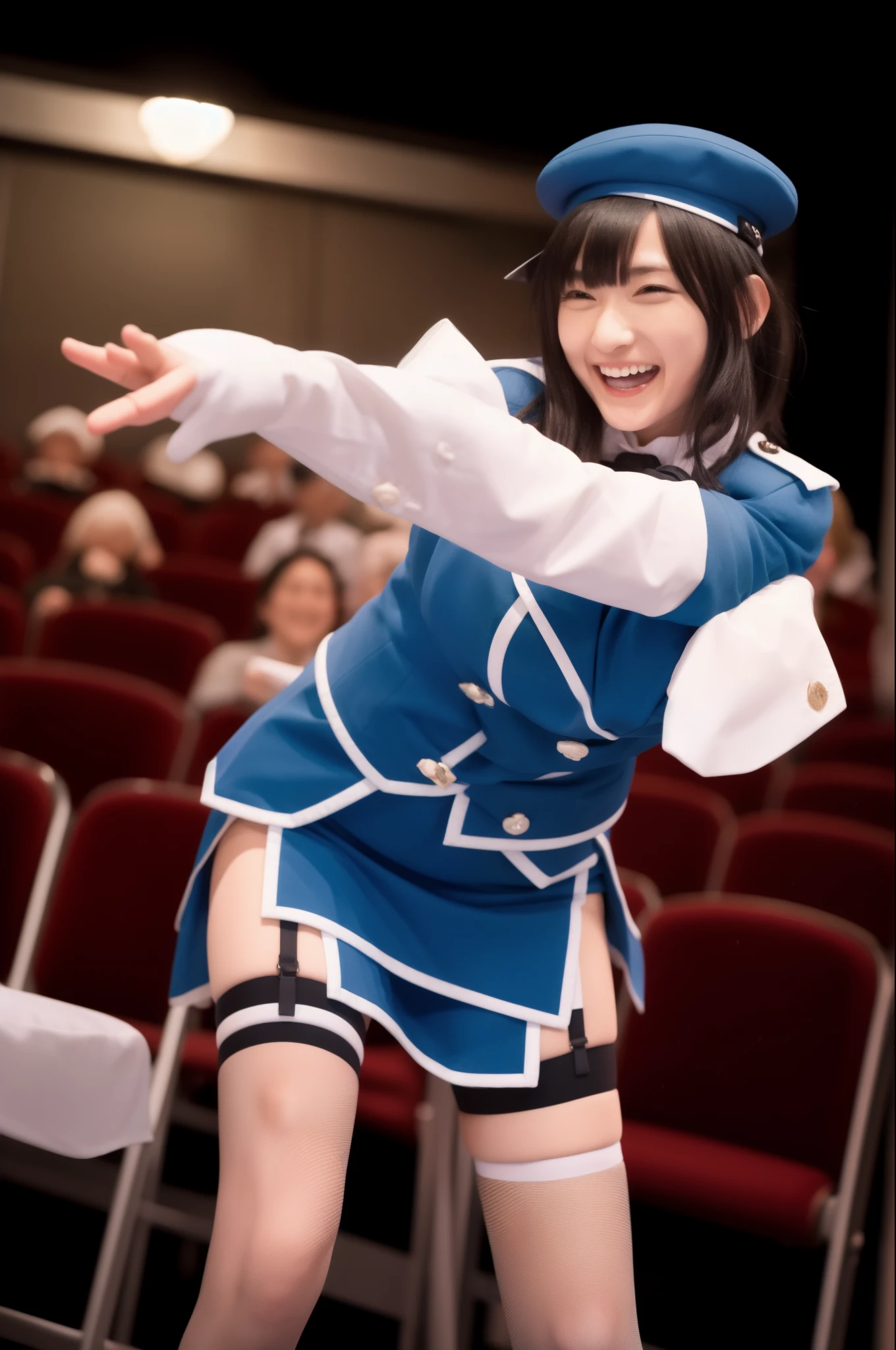 masterpiece, Highest quality, High resolution, Kantai Collection, beret, Jacket, blue Jacket, Long sleeve, gloves, black gloves, skirt, Knee socks, Garter Straps, Cowboy Shot, Ocean, Stretch your arms out to the side, smile, Mouth closed, In-person audience