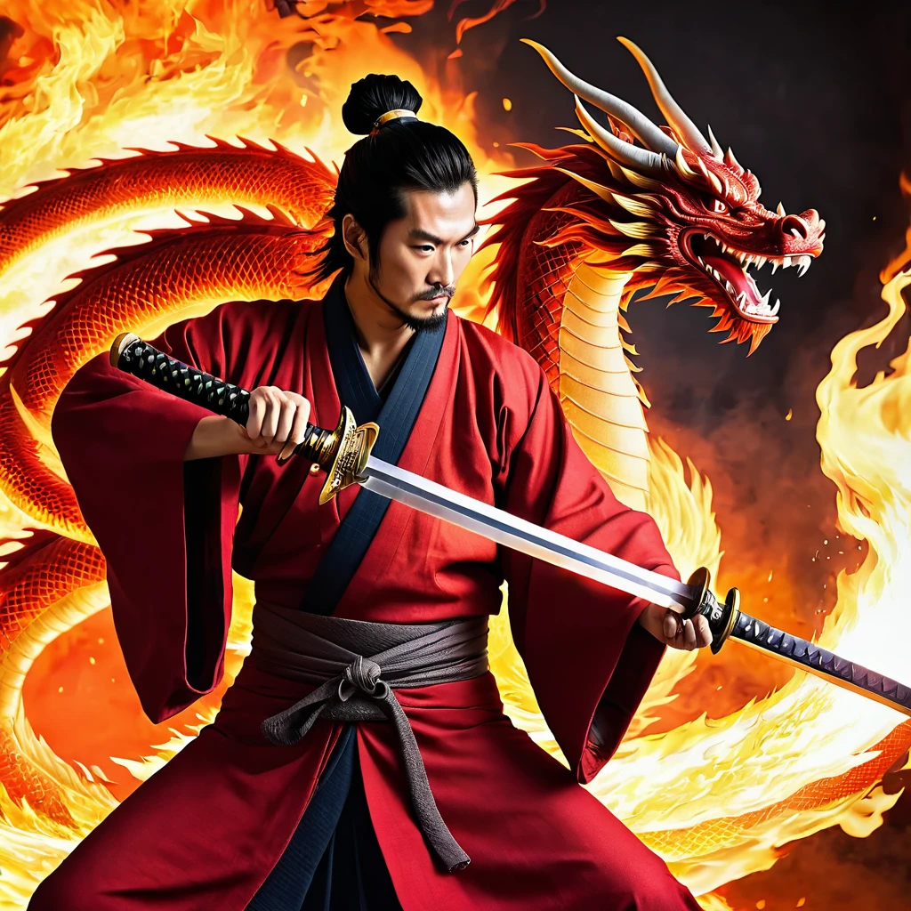 Samurai with red kimono with birth mark like fire on his hand holding a flaming sword who create a flaming dragon, in battle position, holding his sword a breaths fire creating flaming dragon.