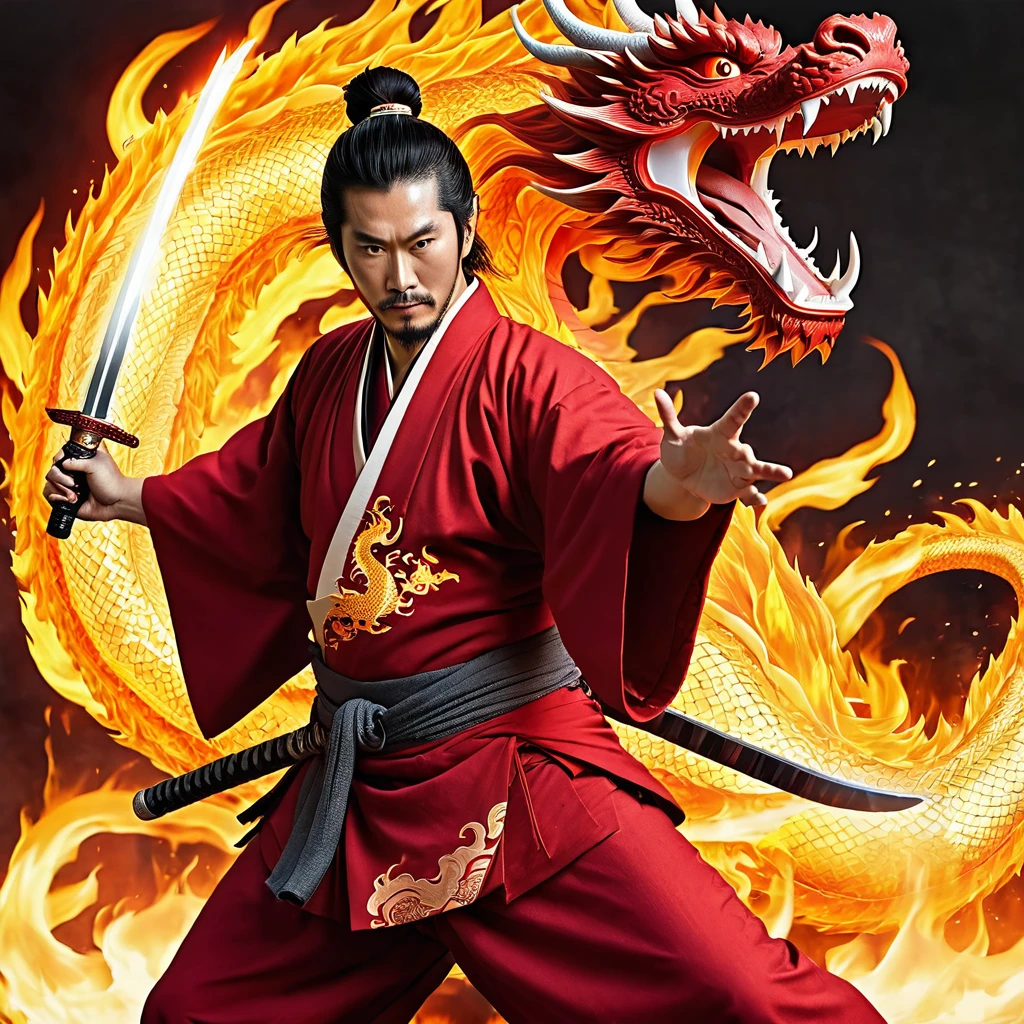 Samurai with red kimono with birth mark like fire on his hand holding a flaming sword who create a flaming dragon, in battle position, holding his sword a breaths fire creating flaming dragon.