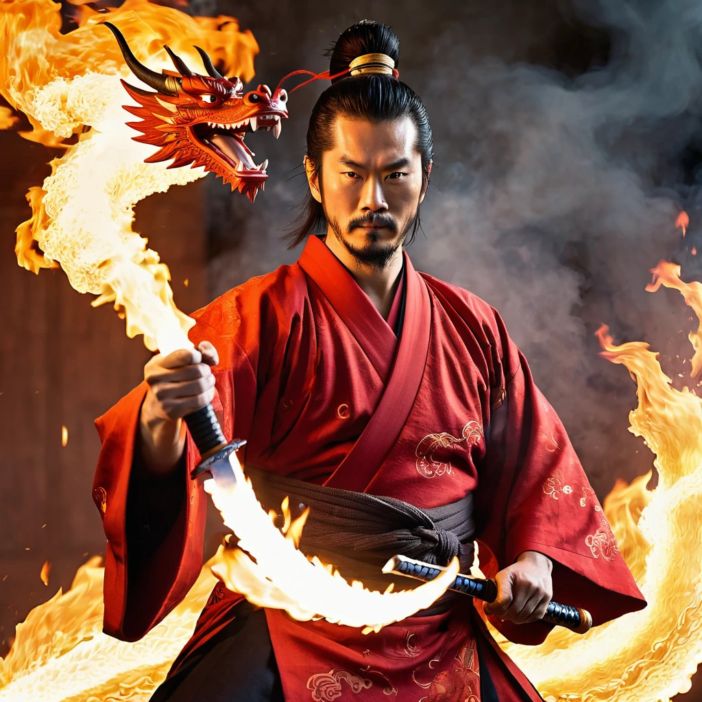 Samurai with red kimono with birth mark like fire on his hand holding a flaming sword who create a flaming dragon, in battle position, holding his sword a breaths fire creating flaming dragon.
