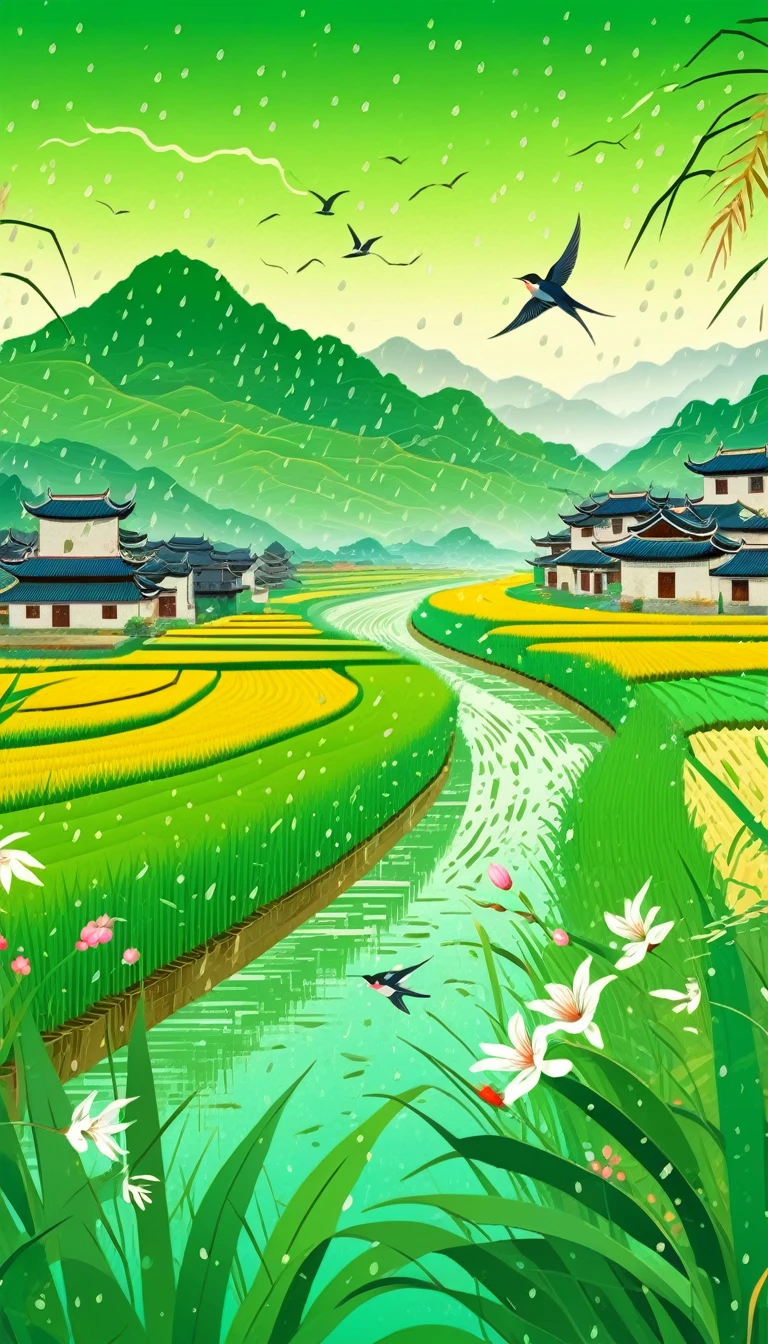 Qingming Festival Chinese countryside, plants and flowers, swallows, wicker, rice field, light rain, river, bright, spring green, bright background, blank at the top of the frame, flat illustration, Victo Ngai style