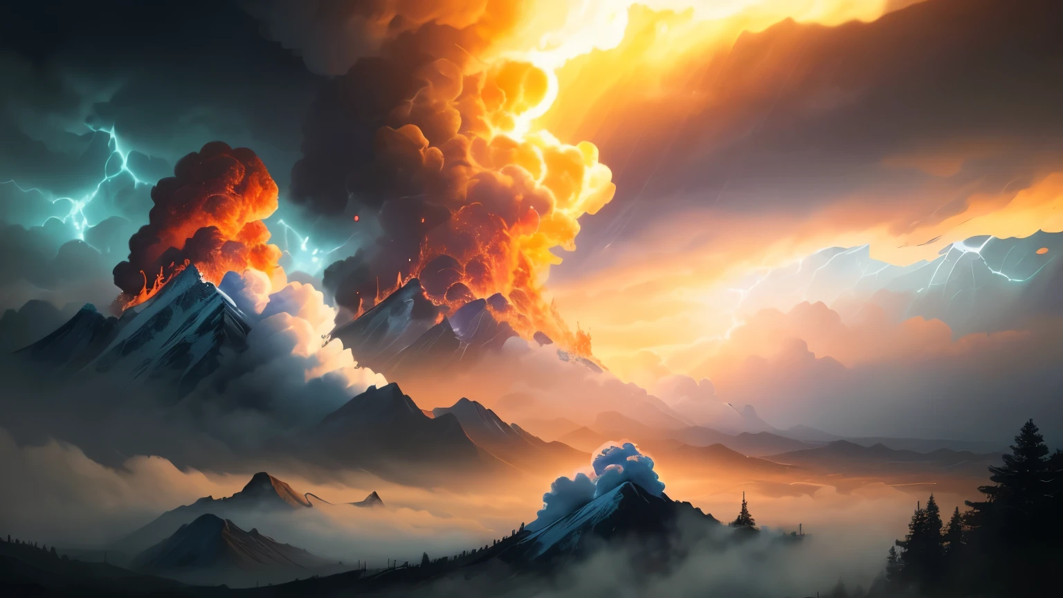 ((best quality)), ((masterpiece)), (detailed), A digital illustration of multiple weather patterns, including heatwave, wind, and fog, occurring simultaneously with a heatwave eruption in the background.