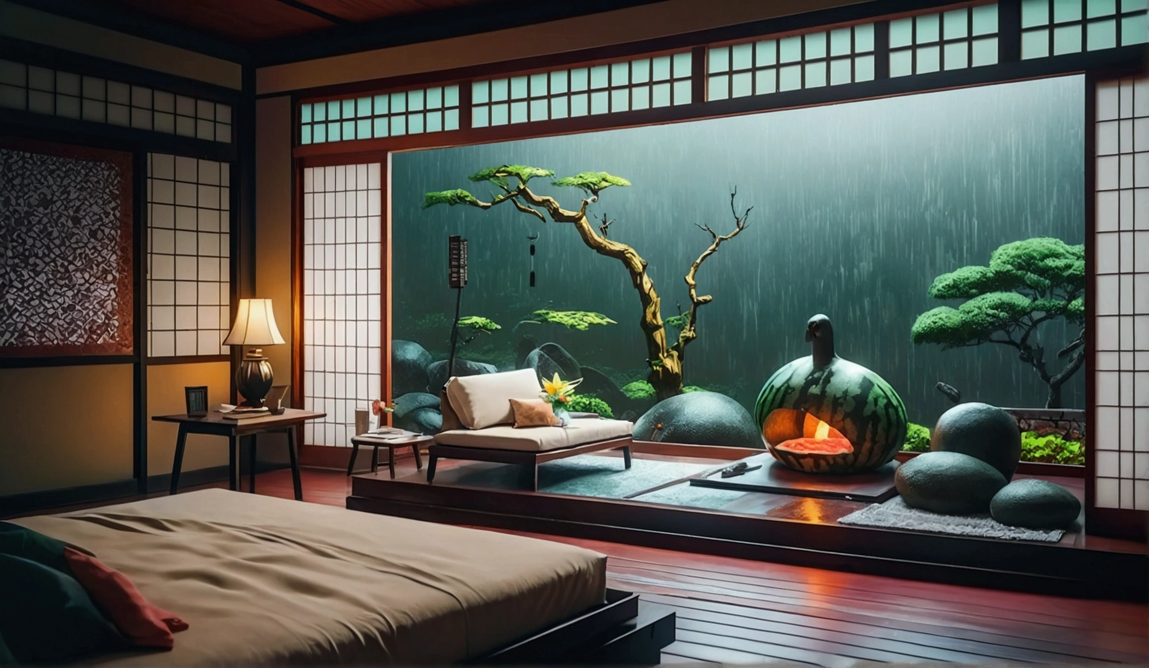 Japanese countryside, Old House, Porche, watermelon, wind chimes, Summer vacation, At dusk, sunset, The Cicada&#39;s Cry, tatami, Shoji screen, Porche wood grain, Watermelon cut, Summer Traditions, Nostalgic, Nostalgic scenery, Digital interface, Futuristic Technology, Glowing watermelon, Fusion of nature and technology, Photorealistic, Art Station Quality, High resolution, Detailed texture, 8k, Concept Art, instagrampost、beautiful Anime Scenery, Landscape painting, Beautiful digital painting, andreas rocha, Beautiful artwork illustration, Awesome Wallpapers, Raymond Han, Tall beautiful paintings, Studio Greeble Makoto Shinkai, Beautiful Wallpapers, Anime Scenery