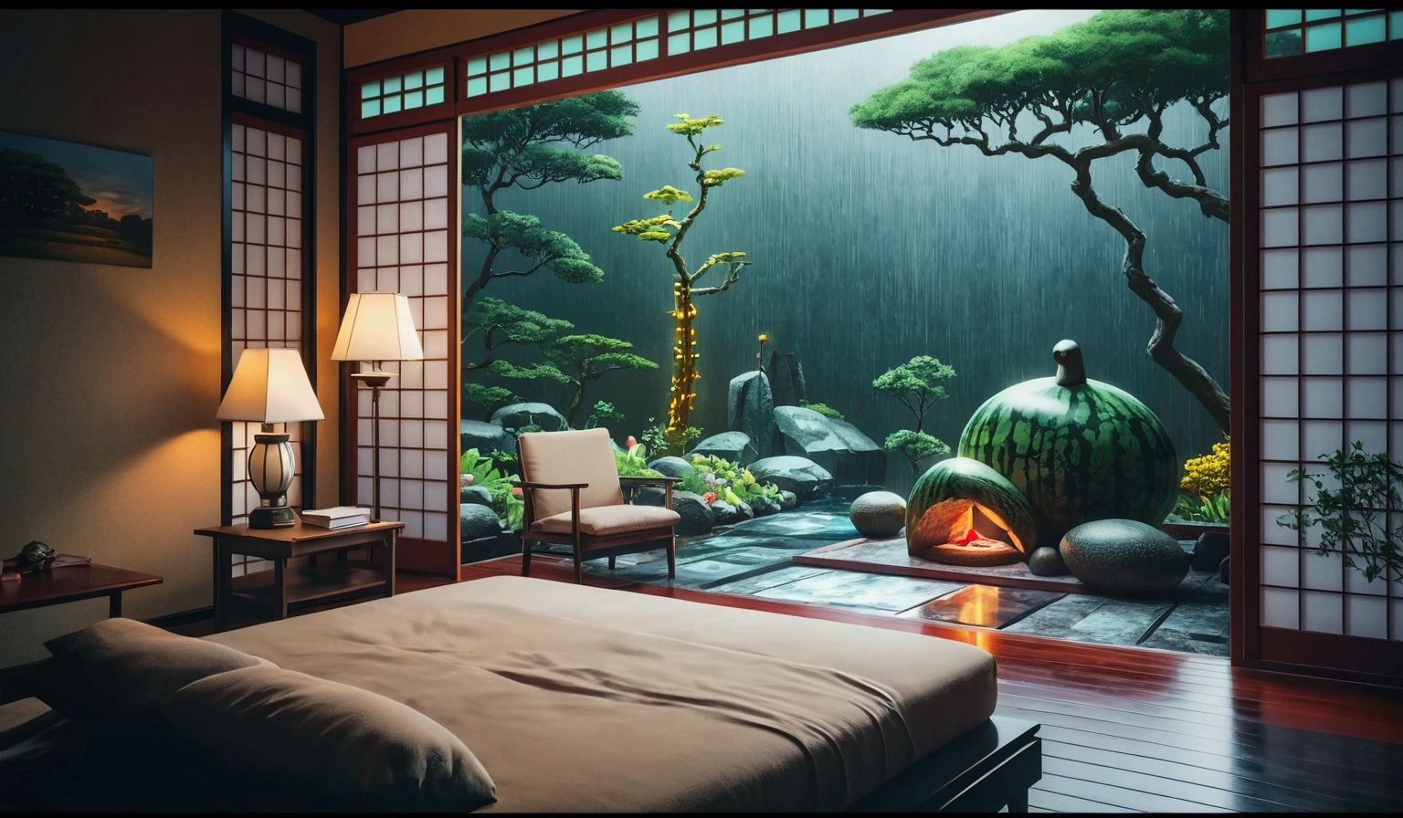 Japanese countryside, Old House, Porche, watermelon, wind chimes, Summer vacation, At dusk, sunset, The Cicada's Cry, tatami, Shoji screen, Porche wood grain, Watermelon cut, Summer Traditions, Nostalgic, Nostalgic scenery, Digital interface, Futuristic Technology, Glowing watermelon, Fusion of nature and technology, Photorealistic, Art Station Quality, High resolution, Detailed texture, 8k, Concept Art, instagrampost、beautiful Anime Scenery, Landscape painting, Beautiful digital painting, andreas rocha, Beautiful artwork illustration, Awesome Wallpapers, Raymond Han, Tall beautiful paintings, Studio Greeble Makoto Shinkai, Beautiful Wallpapers, Anime Scenery