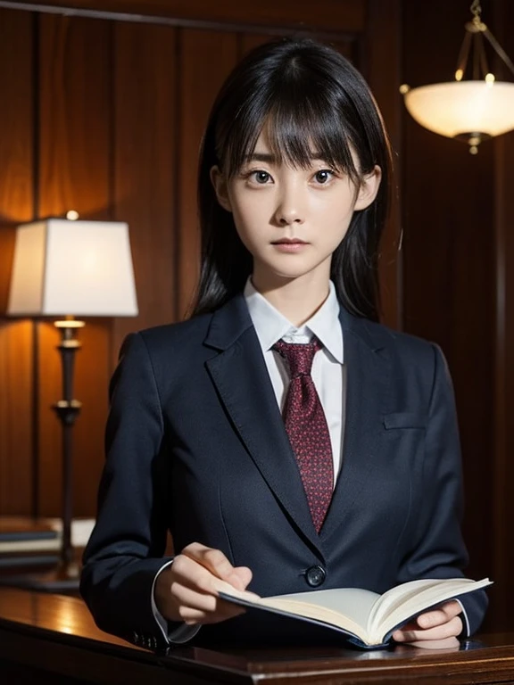 girl, solo, lawyer, Court, 女性lawyer, suit, Court Background, Serious expression, Have documents, Law Book, Wooden furniture, Courtの雰囲気, Intersecting rays, 