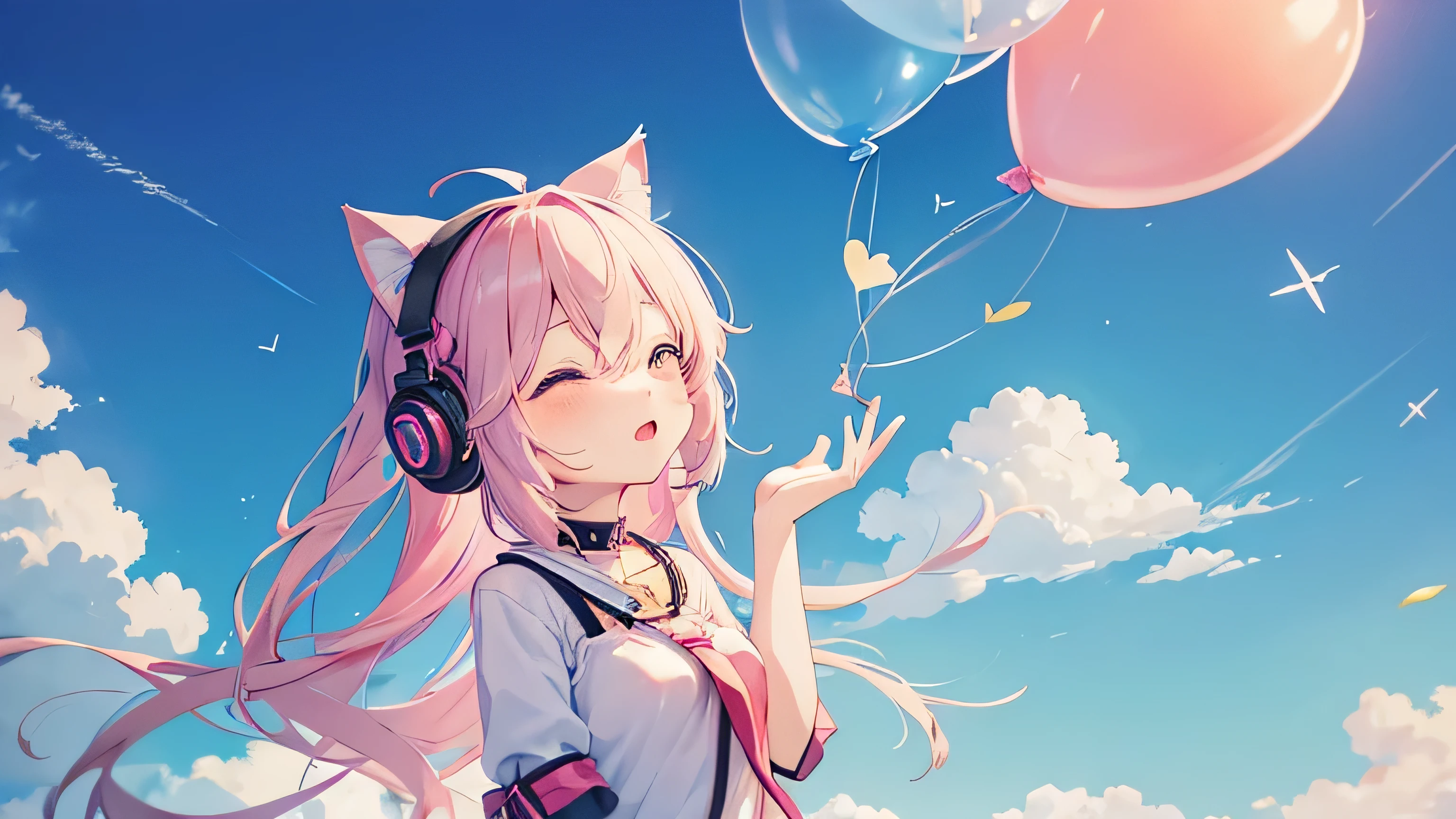 A cute fantasy world with lots of heart-shaped balloons flying and musical notes floating in the air.。And a cute cat-eared girl wearing headphones is looking up at the sky。I wrote it in a style that would be suitable for a Vocaloid music video.