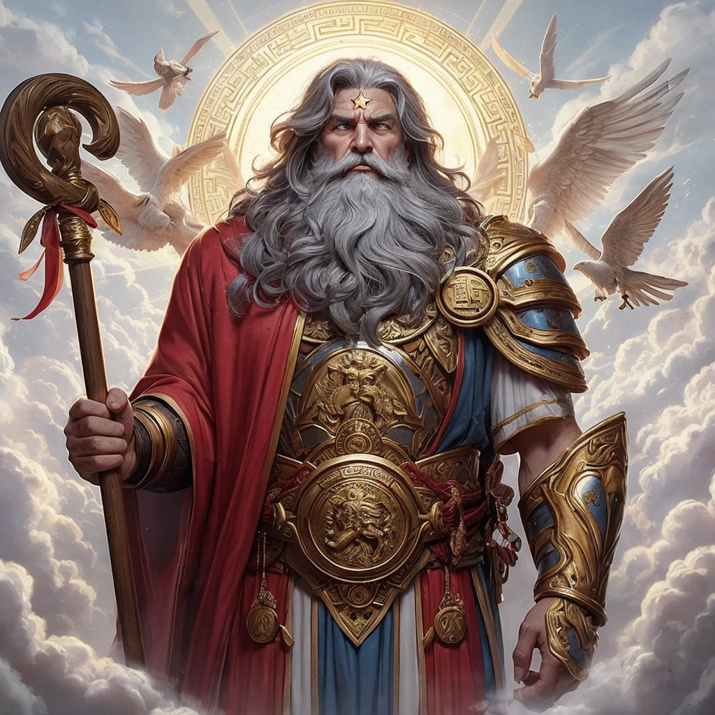 Create a photorealistic bust-up image of a character inspired by the Bikkuriman Choco ‘Super Zeus’ sticker. The character is an older man with a (halo) above his head, a (star) on his forehead, long gray hair, and a flowing gray beard. He has a wise, aged appearance and wears a red and gold robe with a blue and gold belt, and ancient Greek-style red armor with a circular relief in the center of the chest, within which the kanji character for ‘gold’ (金) is inscribed. His expression is both stern and kind, exuding a sense of divine authority. He holds a wooden staff called the ‘Big Saint Stick’ in his right hand.