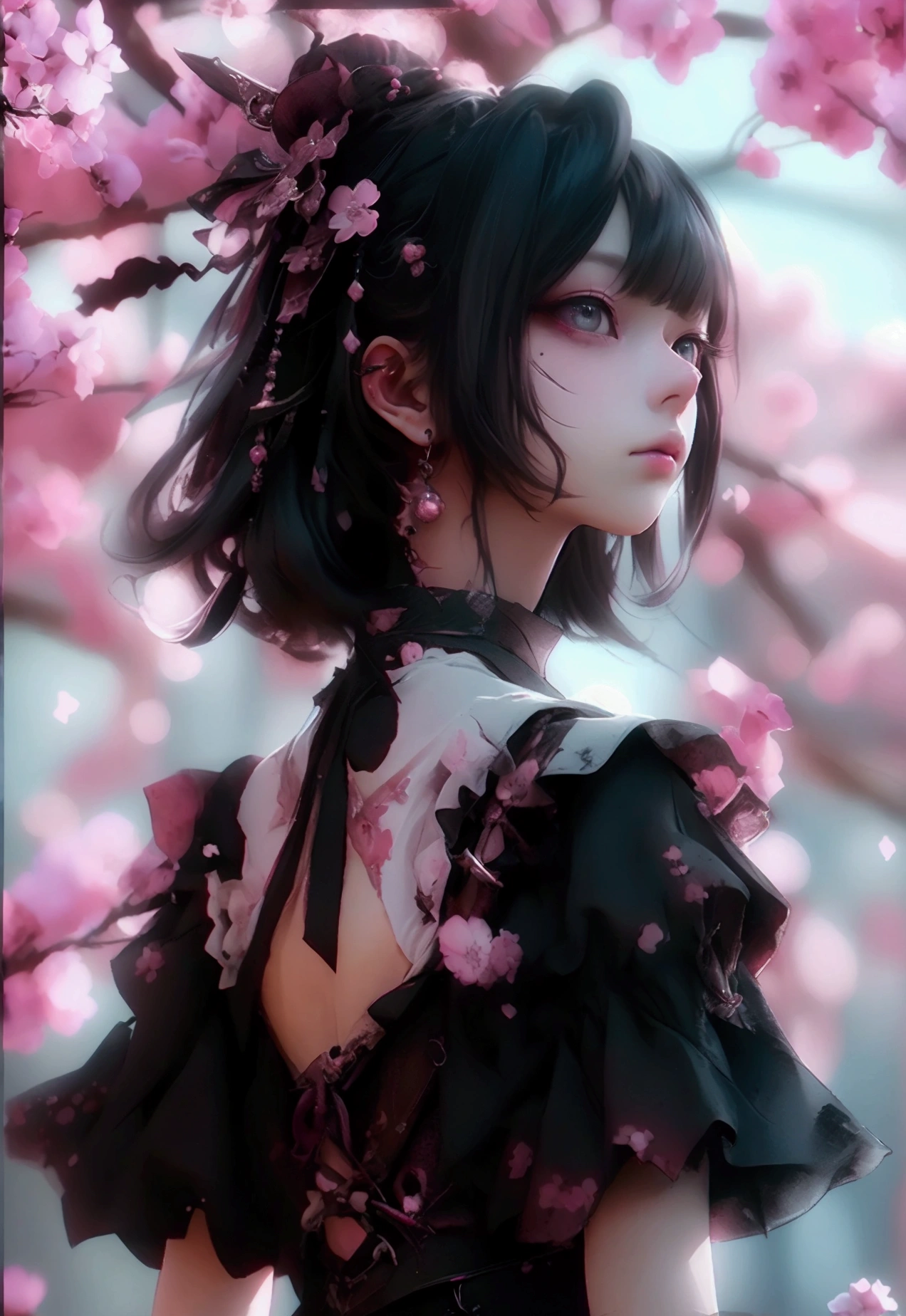 Down Tin Down Women、Standing with arms crossed,Angle from below,front,Full Shot,Cynical and menacing pose，look up，eye shadow，,boots，Game character costumes,novel,Gothic Lolita,dress,boots，image color: Black and Pink,lanthanum, cherry blossoms, petals in the wind, Calm, mysterious, high quality, Dark look,Detailed eye design,3D Rendering, 
