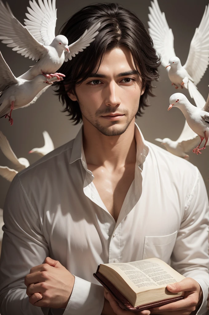 Create an image of a man with the Bible receiving the presence of the Holy Spirit creating some for the doves and various people
