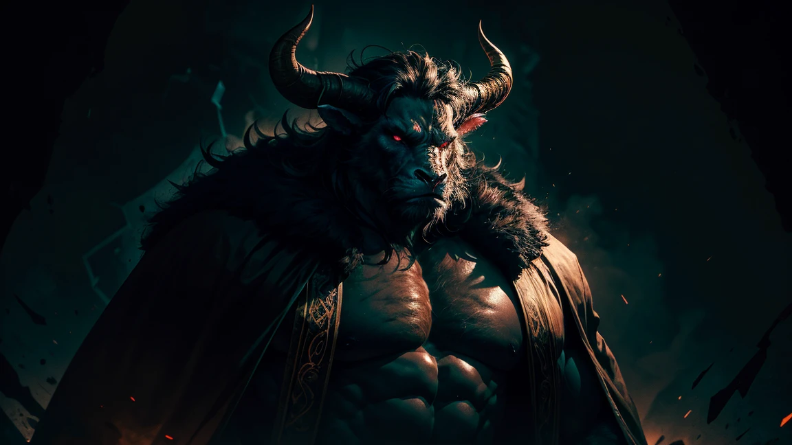 Create a chilling depiction of the Minotaur within the depths of an intricate labyrinth. Picture the Minotaur standing tall, its imposing figure emerging from the shadows. The labyrinth's winding passages should create an air of suspense and mystery, with faint torchlight flickering against stone walls. Highlight the Minotaur's fearsome appearance – the body of a muscular man fused with the head of a bull – and capture its menacing demeanor. Use dramatic lighting to enhance the eerie ambiance, conveying the labyrinth's confinement and the creature's formidable presence