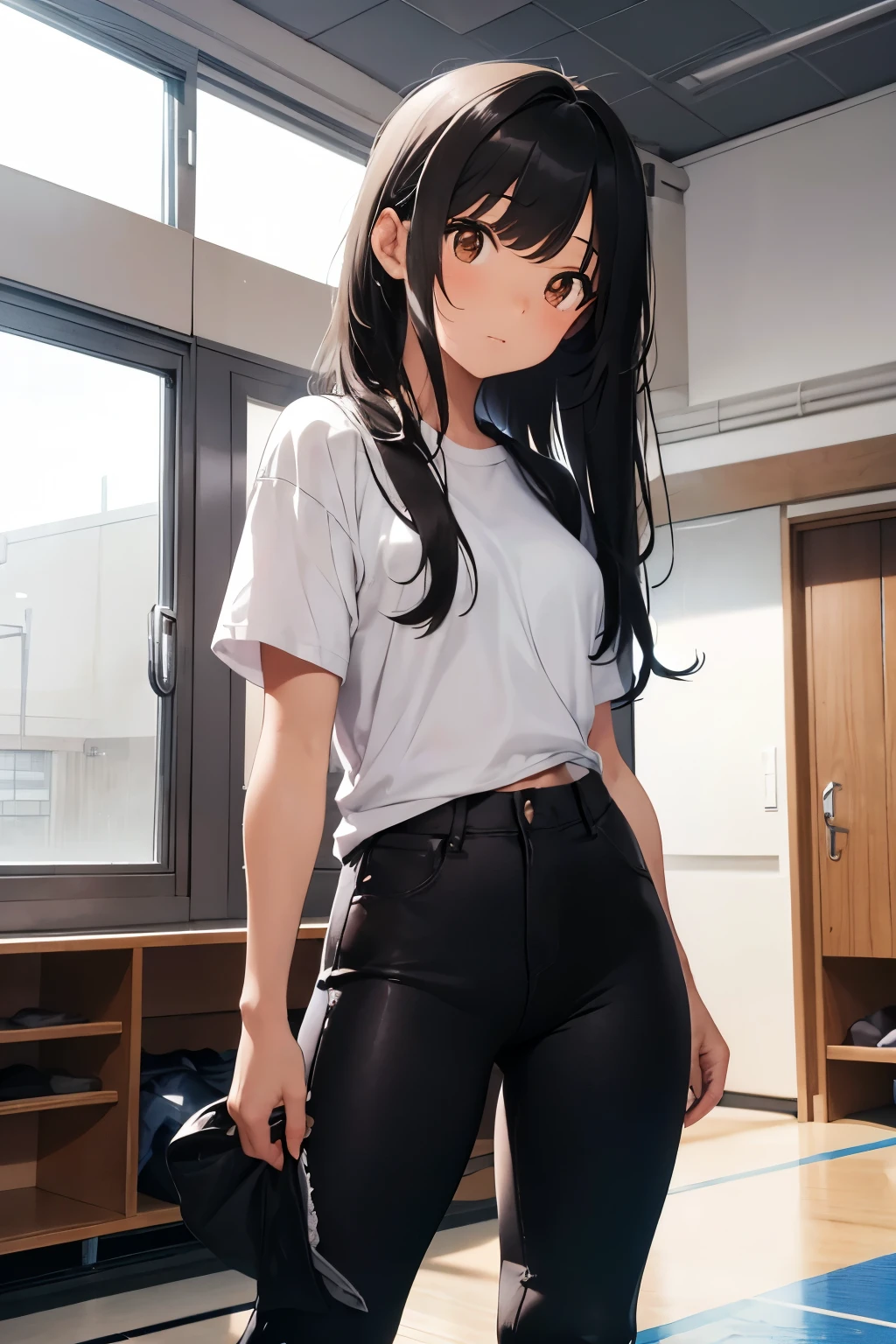 18 year old girl, long black fur, Brown eyes, inside a basketball gym, in the dressing rooms, near the locker room, He wears a white t-shirt and blue pants.