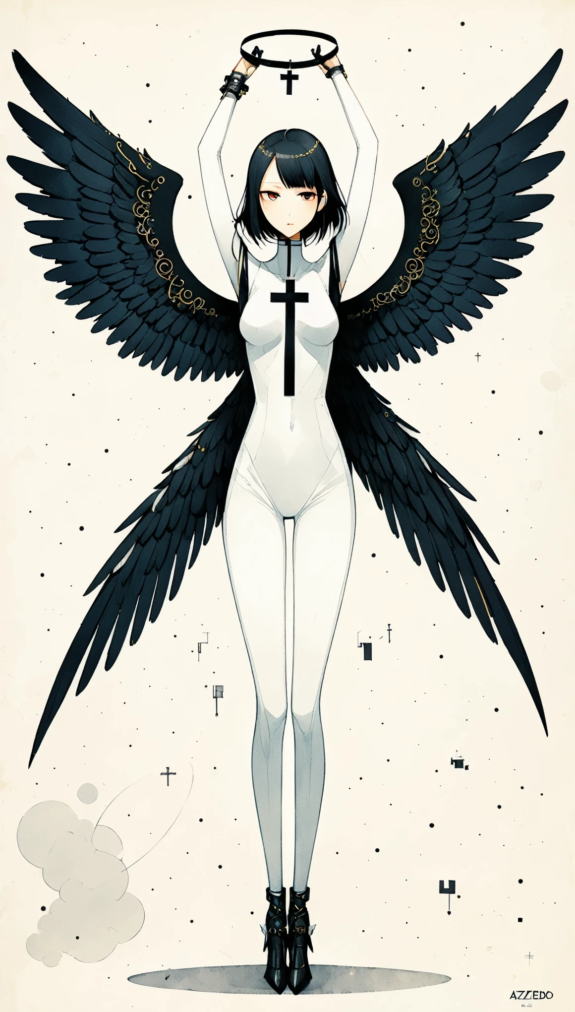in style of Santiago Caruso,in style of Dan Matutina,(in style of Mike Azevedo:1.4),
1girl,(bikkii:1.3),(withe and black cross angel:1.4),(cross-body stretch:1.2),
(black wing and white wing:1.4),