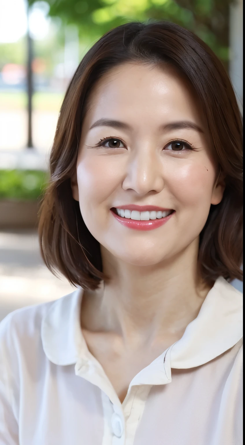 Standing in the park, Wrinkles around the eyes, Smiling with teeth showing, Plain short-sleeved clothing, senior citizen, Draw lips correctly, Red lipstick, No discomfort, 16K, Highest quality, Very detailed, Realistic, Very detailed肌, (Japanese), (alone), 60 years old, Large Breasts, , Glamour, sexy, Chromo White Skin, Staring straight ahead,