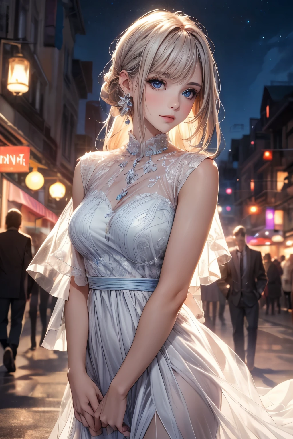 Elegant adult women, looking into distance, blue eyes, long white hair and purple strokes, side swept bangs, Sheer dress, see through dress, 4K resolution, High quality CG, fair