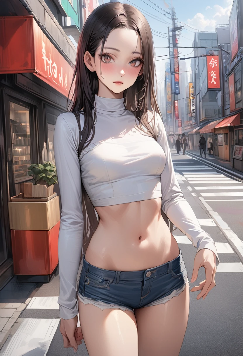 (realistic),((masterpiece,Highest quality:1.3,best quality illustration)),cowboy shot,独奏,1woman,(25 year old beauty),((very small head:1.3)),black hair,long hair,forehead,center parted bangs,black eyes,gorgeous big eyes,blush,((very long body,skinny)),medium breasts,White long sleeve turtleneck top、Denim Microshorts、gleaming skin,toned body,slender body,skinny,standing,on street,Shinjuku、Tokyo、