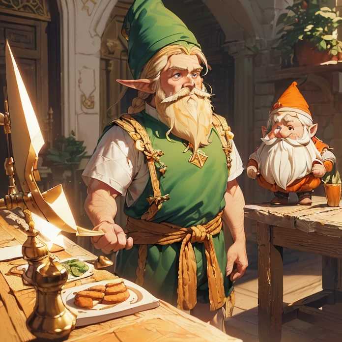 (absurdres, masterpiece, best high quality image epic artwork, high fantasy genre, carefully detailed image, carefully detailed textures, solo character, fantasy lone character, character full body view)
{{((1character: 70 years old blonde male gnome sniper: (very short sized gnome body, pale orange skin, light blue eyes, golden hair tied on braids, long golden beard, big fat nose, thick golden eyebrows, shorter ears, shorter legs, big feet, shorter arms, shorter hands), (green cone hat, white elegant shirt, red pants, green boots, (black crossbow)), (gentle smile, relaxed confident pose, holding his weapon down), (gnome steel castle, long french styled table, steeled walls, white sofas))}}