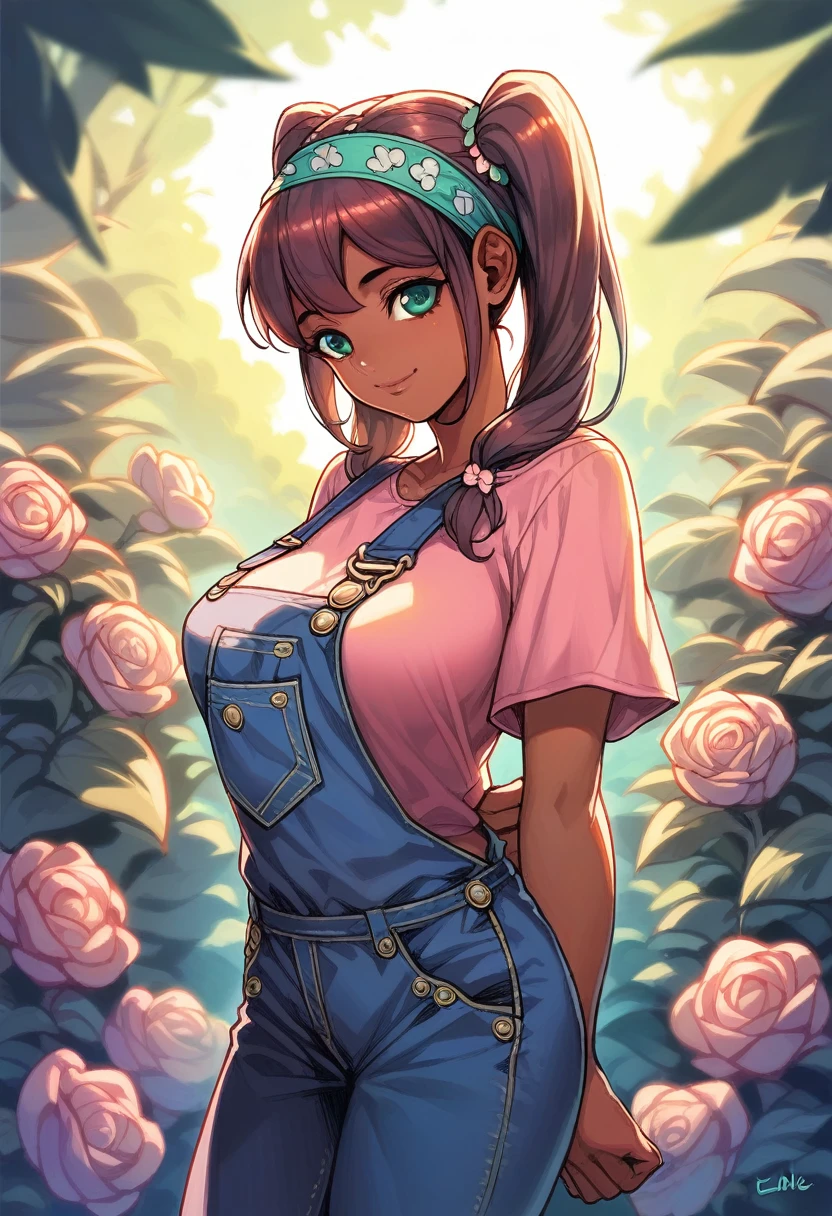 (((Masterpiece))), best quality, cowboy shot, perfect anatomy, realistic face, outdoors, sunny, warm sunlight, backlighting, dramatic lighting, painterly 1girl, twintails, long hair, solo, overalls, three quarter view, flower on head, headband, arms behind back, light smile, dark skin, dark skinned female, medium breasts, pink shirt, (li), off shoulder