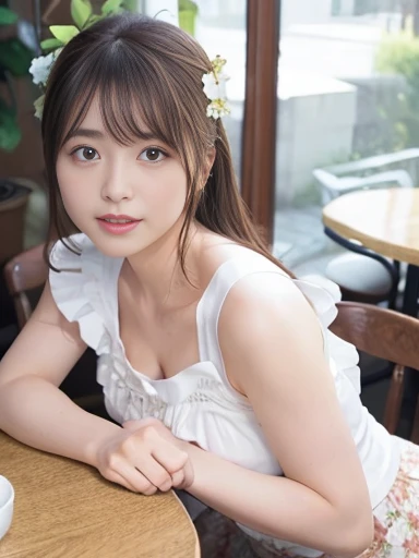 8k、RAW Photoasseter muscle area:1.2)、(Photorealistic:1.2)、(Highest quality)、((Sleeveless with white frills))、((Adult woman in floral white skirt))、((Japanese、30 years old))、A woman with light brown hair、((Whole Body Ezbian、Breast fullness))、compensate、Smart Body、Laughter、Various poses、Ultra detailed face、Detailed eyes、((No close-ups))、(Inside the cafe、Sit on a chair)