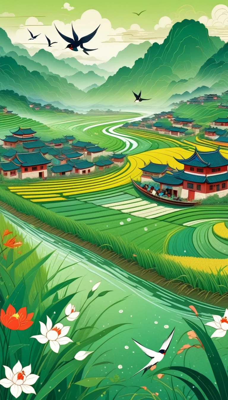 Qingming Festival Chinese countryside, plants and flowers, swallows, wicker, rice field, light rain, river, bright, spring green, bright background, blank at the top of the frame, flat illustration, Victo Ngai style