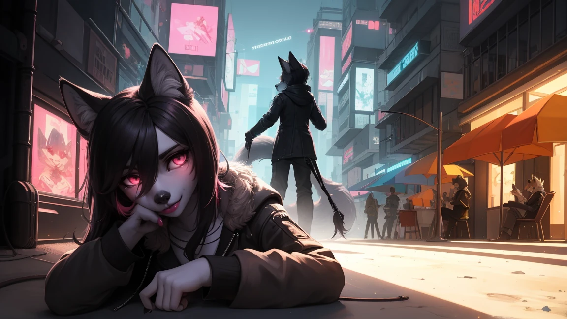 Cyberpunk fox, Schönes LIcht und Schatten auf eInem schönen GesIcht mIt hellrosa Haaren、AmbIentebeleuchtung am Strand、Ultra-fIne fur、Das volumetrIsche LIcht Ist sehr detaIllIert,Furry Art von höchster QualItät, I
