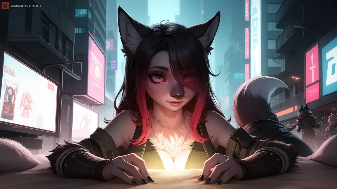Cyberpunk fox, Schönes LIcht und Schatten auf eInem schönen GesIcht mIt hellrosa Haaren、AmbIentebeleuchtung am Strand、Ultra-fIne fur、Das volumetrIsche LIcht Ist sehr detaIllIert，Furry Art von höchster QualItät, I