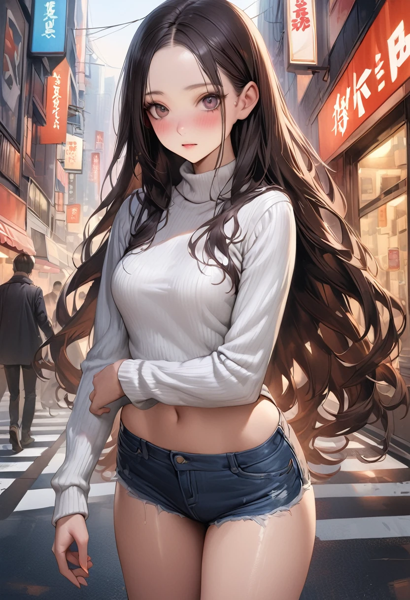 (realistic),((masterpiece,Highest quality:1.3,best quality illustration)),cowboy shot,独奏,1woman,(20 year old beauty),((very small head:1.3)),black hair,long hair,forehead,center parted bangs,black eyes,gorgeous big eyes,blush,((very long body,skinny)),medium breasts,White long sleeve turtleneck knit sweater、Denim Microshorts、gleaming skin,toned body,slender body,skinny,standing,on street,Shinjuku、Tokyo、