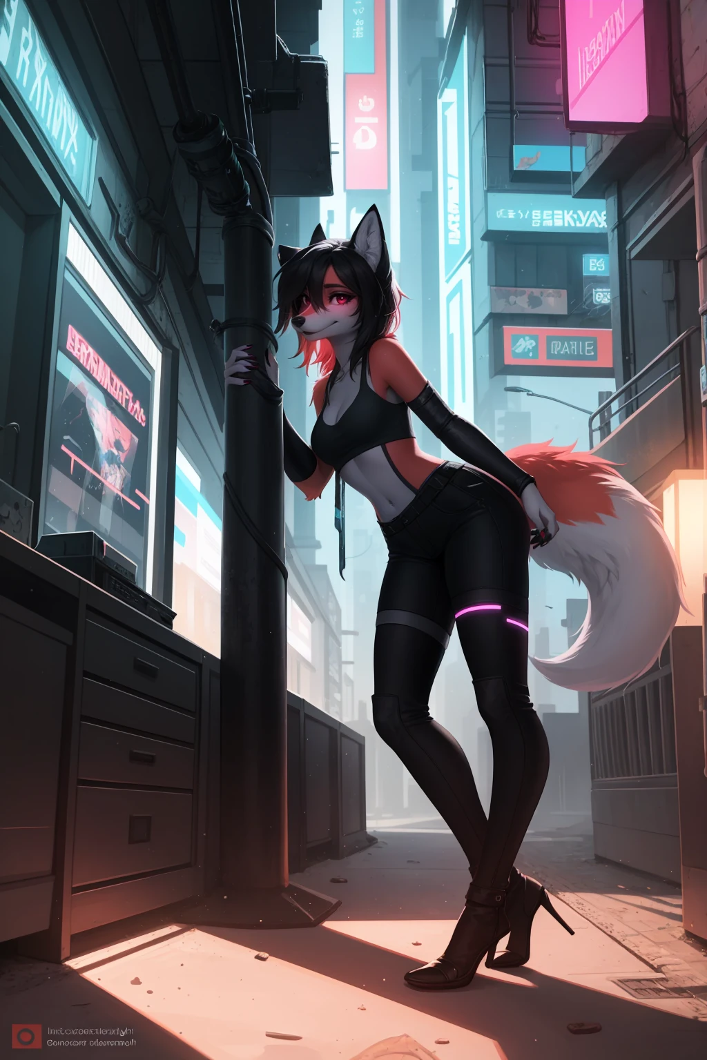 Cyberpunk fox, Schönes LIcht und Schatten auf eInem schönen GesIcht mIt hellrosa Haaren、AmbIentebeleuchtung am Strand、Ultra-fIne fur、Das volumetrIsche LIcht Ist sehr detaIllIert，Furry Art von höchster QualItät, I