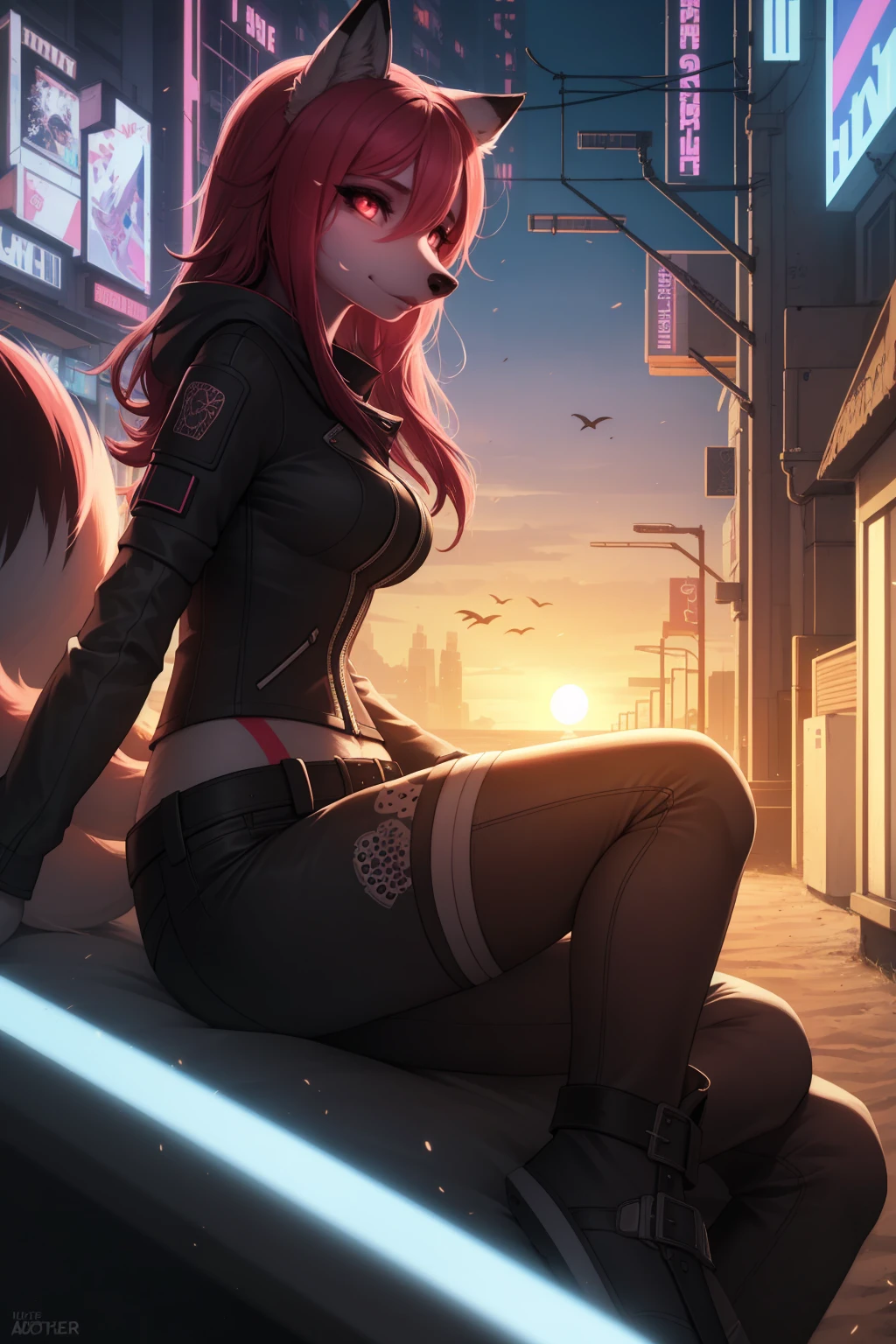 Cyberpunk fox, Schönes LIcht und Schatten auf eInem schönen GesIcht mIt hellrosa Haaren、AmbIentebeleuchtung am Strand、Ultra-fIne fur、Das volumetrIsche LIcht Ist sehr detaIllIert,Furry Art von höchster QualItät, I