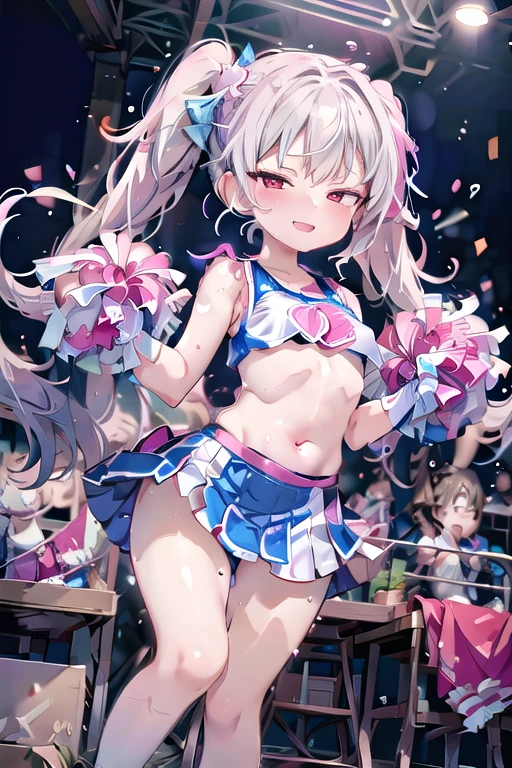 pretty girl、Young face、long silver Hair、long Twin tails、Pink eyeischievous face、Spoiled brat、Immature body、(Small breasts)、(tiny breasts)、smile、Sweat、(Thick thighs:1.5)、very little demon horns and tail、red eyes、On all fours、Backwards、looking at viewer、sweat、pink tattoo on her abdomen、ハート型の眼、Open mouth、double teeth、fang、blushing and sticking out her cute tongue, tongue out、sensational、cheerleader、wearing a blue cheerleading uniform, buttocks、Back view