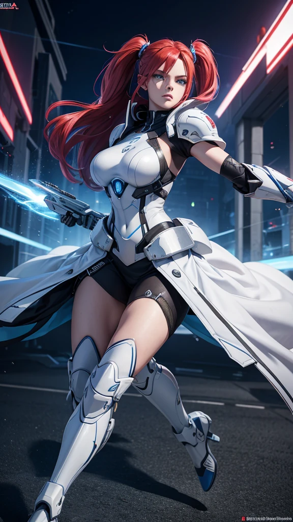 Create a hyper realistic 3D image of a cool cyber girl in white armor cybort beautiful blue eyes with spectacular long intense red hair, the image must be perfectly and spectacular, She is on the battlefield, she carries her spectacular futuristic weaponry, her armor has spectacular technological tattoos., Full body captures in cool and creative dynamic poses applies HDMI technologies, 1200 dpi and full definition