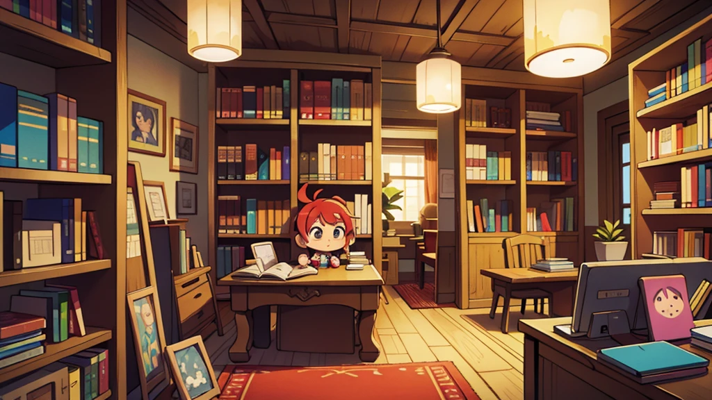 chibi style vivid colors interior of a library