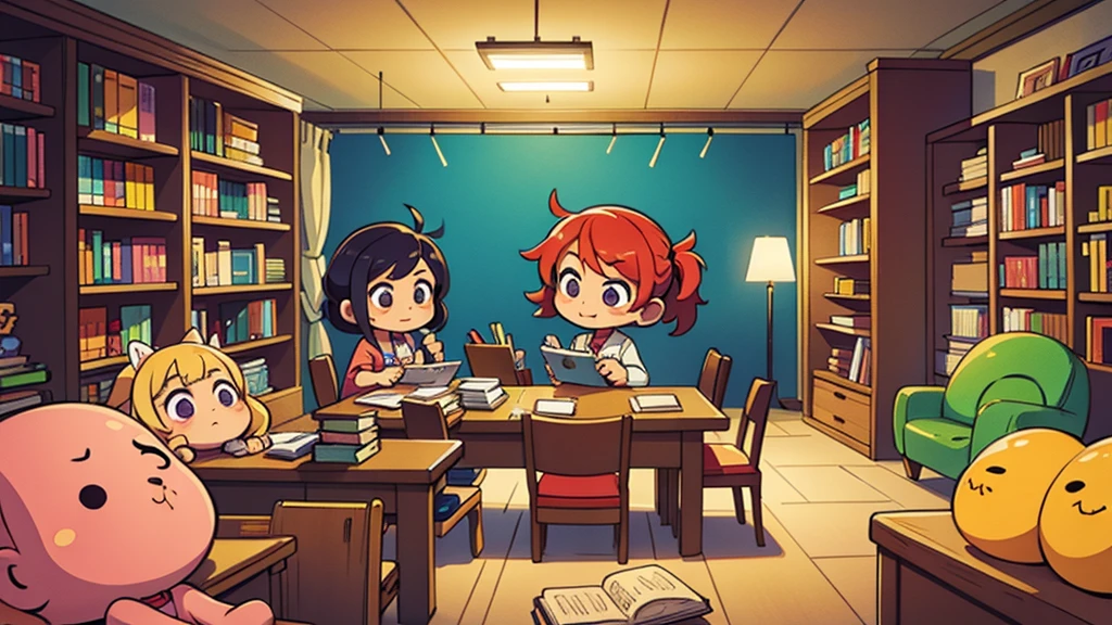 chibi style vivid colors interior of a library