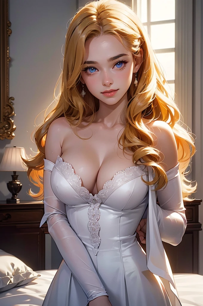 ((masterpiece, best quality, ultra-detailed, high resolution, extremely detailed CG, super detailed, Most beautiful clean lighting)), 1 girl, wry smile, ,, young girl, very young face, pretty face, Multiple long drill hair, Large amount of hair, curly hair in vertical rolls, shiny blonde Long hair, Beautiful blue eyes, huge breasts, She has a large chest but a thin body, white skin, Perfect nudity, completely nude, upper body, bed room, nsfw,