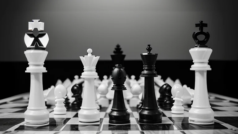 create chess ,two opposite black and white kings in the center(Chess pieces) , with pieces around it but made, that the black and white kings simulate that one is being defeated but on the board(Chess pieces),the image that is in color