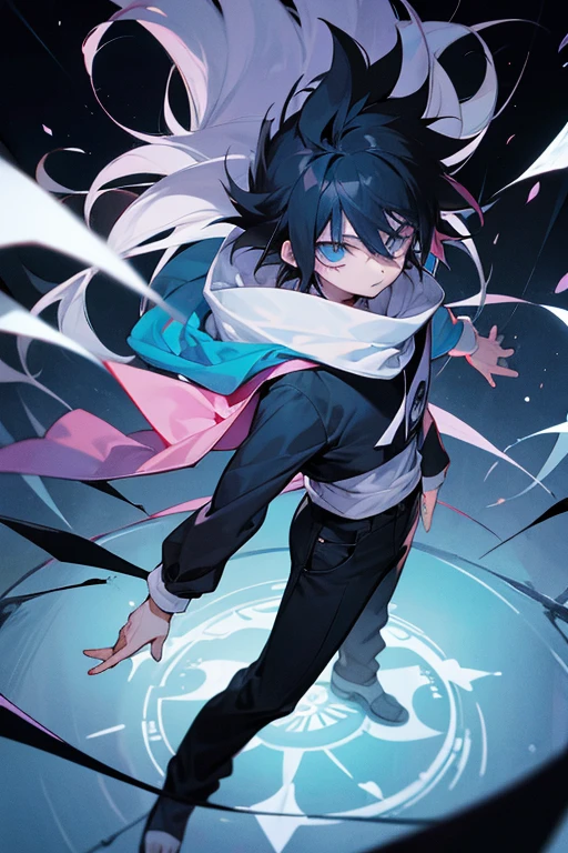 personaje de anime con cabello blanco y ojos azules con una sudadera con capucha negra, nagito komaeda, Killua Zoldyck black hair, estilo anime como el destino/Estancia de noche, Killua Zoldyck, Hajime Yataté, Joven mago de las sombras macho, chico anime alto con ojos azules, evil male sorcerer