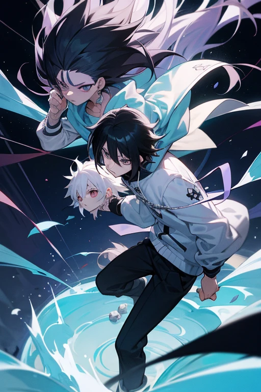 personaje de anime con cabello blanco y ojos azules con una sudadera con capucha negra, nagito komaeda, Killua Zoldyck black hair, estilo anime como el destino/Estancia de noche, Killua Zoldyck, Hajime Yataté, Joven mago de las sombras macho, chico anime alto con ojos azules, evil male sorcerer
