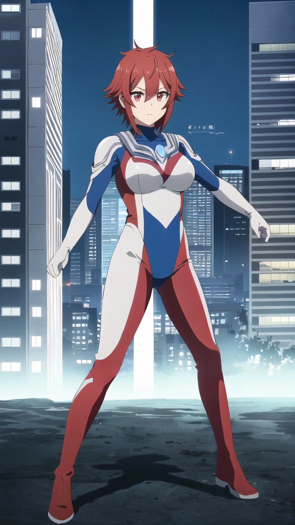 ((Highest quality)),((Very detailed)),masterpiece,Absurd,Detailed face,Beautiful Face,(Detailed eyes, Deep Eyes),One Girl,Enter, Redhead, , alone, tie, short hair, Red eyes,  Hair between the eyes, bangs,  Large Breasts、Combat Stance、View your viewers、Ultraman bodysuit、Hero Suit,Full body tight suit、(building:1.2)、Night view