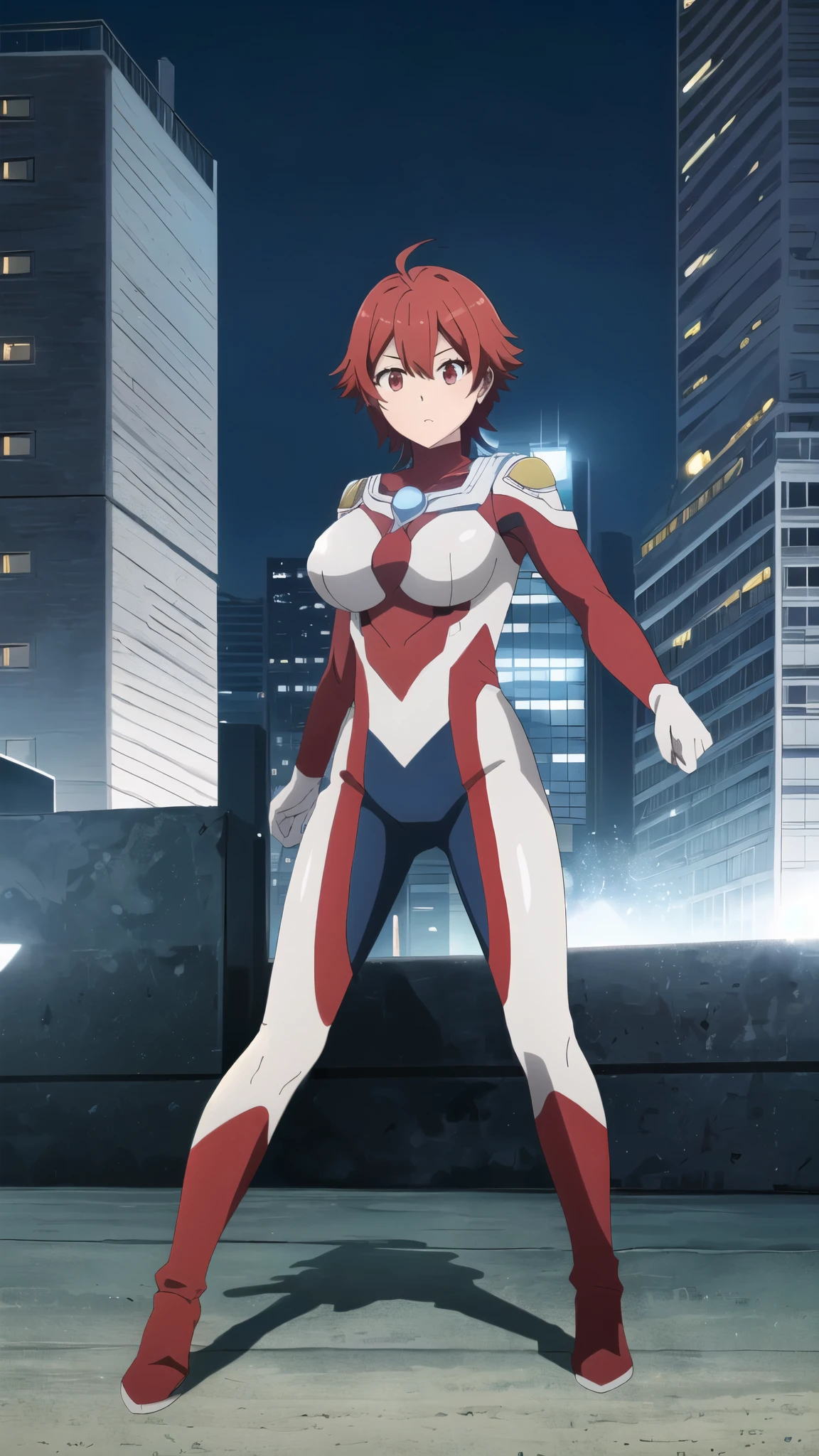 ((Highest quality)),((Very detailed)),masterpiece,Absurd,Detailed face,Beautiful Face,(Detailed eyes, Deep Eyes),One Girl,Enter, Redhead, , alone, tie, short hair, Red eyes, Hair between the eyes, bangs, Large 、Combat Stance、View your viewers、Ultraman bodysuit、Hero Suit,Full body tight suit、(building:1.2)、Night view