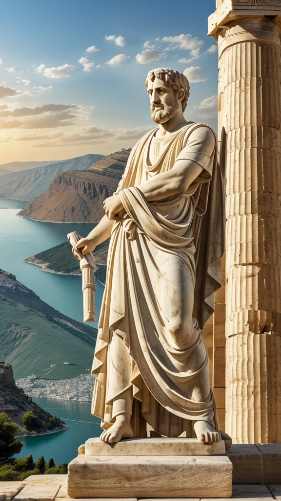 Aristotle, engrossed in writing, stands upon the steps of the Parthenon in Greece, Capture the essence of intellectual pursuit and contemplation. Create an image that brings to life the tranquil setting of the ancient Greek landscape, with a focus on the profound thinking of Aristotle. Use rich details and vibrant colors to depict the idyllic scene, where wisdom meets nature. Let the viewer feel the intellectual curiosity and scholarly ambiance as Aristotle immerses himself in the world of knowledge by the lakeside in ancient Greece.