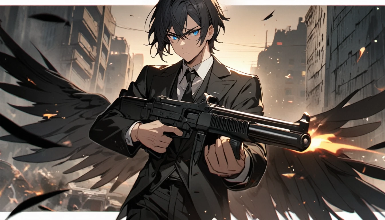 man, blue eyes, black hair, black suit, black wings, holding a gun