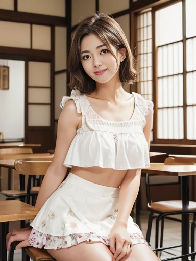 8k、RAW Photoasseter muscle area:1.2)、(Photorealistic:1.2)、(Highest quality)、((Sleeveless with white frills))、((Adult woman in floral white skirt))、((Japanese、30 years old))、A woman with light brown hair、((Whole Body Ezbian、Breast fullness))、compensate、Smart Body、Laughter、Various poses、Ultra detailed face、Detailed eyes、((No close-ups))、(Inside the cafe、Sit on a chair)