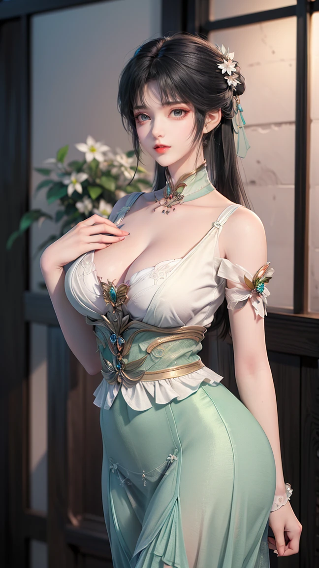 (masterpiece:1.3),(best quality:1.3),highres,original,extremely detailed wallpaper,perfect,(extremely detailed CG:1.2),8k,exquisite,(depth of field:1.3),1girl,lxq,curvy,big breasts,cowboy_shot,red cyan gradient pleated skirt,hanfu, song style outfits,yoga_pants,
