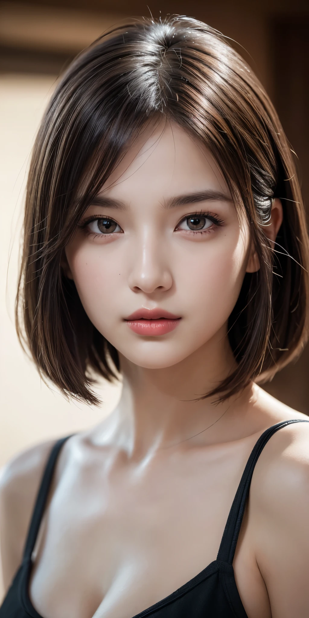 (8k, ultra high resolution, best masterpiece, Highest quality:1.2), Extremely detailed, thorough resolution, (realistic, realistic photo: 1.37), Portrait, Focus on eyes, high definition RAW photograph, professionally arrested, high definition and beautiful, UHD 8K Image photo, Volumetric Lighting, Soft Light, frank, Professional photography, highly detailed beautiful girl, Ultra detailed and delicate face, Finely defined eyes, (Extremely detailed eyes), Precise shape nose, expressive lips, fine texture skin, (HD skin:1.2), The fingers were neatly outlined, Every feature is meticulously displayed, one story, (20:1.2), Twenty generations, cute girl, Brown hair, Long straight hair, shiny amber eyes, Red lips, Cleavage, perfect anatomy, HD background is not blurred, particle, realistic, Amazing details, 8k Ultra HD, high quality, CG unity, C4D render, 3D rendering